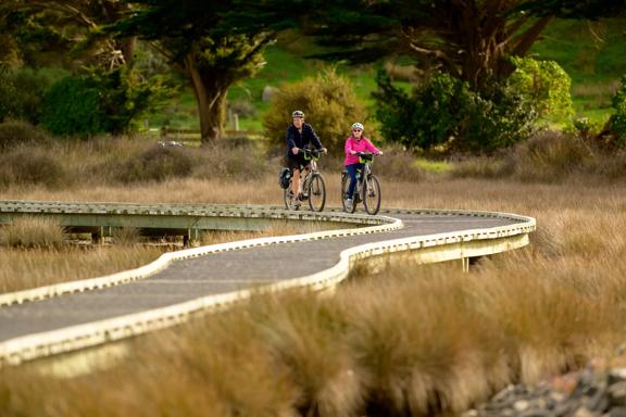 Two cyclists riding on an elevated wooden path in a nature reserve.