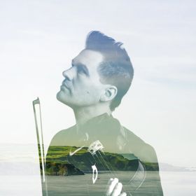 Double-exposure image of a violinist with a scenic landscape layered across the portrait.