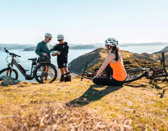 3 people on bikes atop the hills on the Pencarrow coast, looking out into the Wellington harbour.