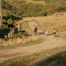 Three people ride on horseback on a dirt road. 