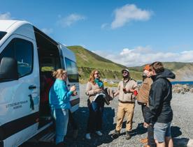 Five people standing next to a tour van on the coast with hills and cliffs in the background.