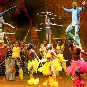 A collage of performers from Cirque Africa doing acrobatic stunts in colourful costumes. 