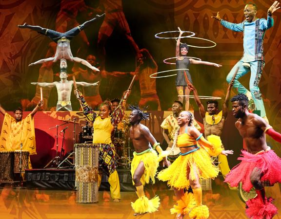 A collage of performers from Cirque Africa doing acrobatic stunts in colourful costumes. 