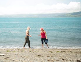 Two people walk along the beach on Kapiti Island. The view shows Kāpiti Coast.