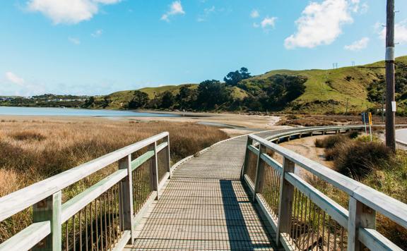 Wooden boardwalk curving through tussocks next to Pauatahanui inlet. Blue sky.