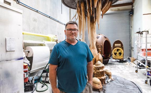 Matt Houghton of Human Dynamo standing in the workshop where he built props for the film ‘Avatar: The Way of the Water’.
