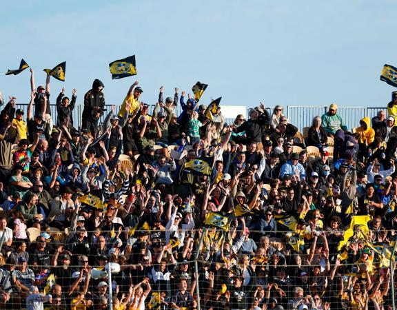 Fans show their support during the round six Super Rugby Pacific match between Hurricanes and Western Force at Central Energy Trust Arena, on April 02, 2023, in Palmerston North, New Zealand. 