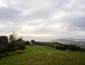 The Brooklyn Wind Turbine sits on a hill above Wellington, with views of the city. Bush and trees surround the area.