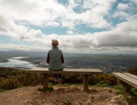 A person wearing a vest sits on a bench looking at the scenic landscape from Rangituhi/Colonial Knob Walkway.
