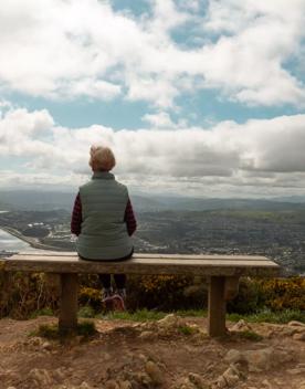 A person wearing a vest sits on a bench looking at the scenic landscape from Rangituhi/Colonial Knob Walkway.