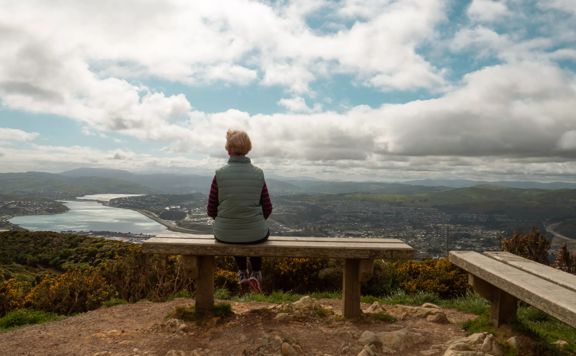 A person wearing a vest sits on a bench looking at the scenic landscape from Rangituhi/Colonial Knob Walkway.