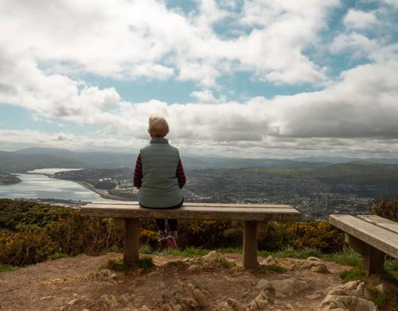 A person wearing a vest sits on a bench looking at the scenic landscape from Rangituhi/Colonial Knob Walkway.