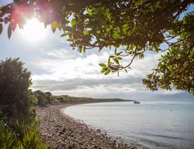 A rocky beach on the coast of Kapiti island with a boat going by.