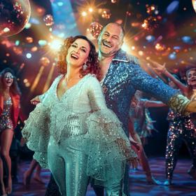 A smiling couple wearing sequin costumes are dancing in a lively discothèque.