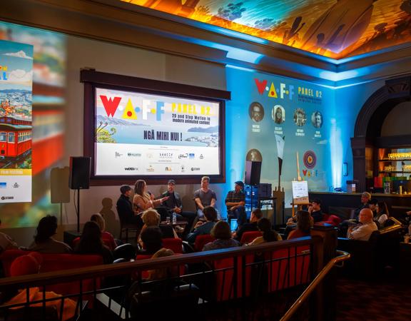 People gather for a panel discussion at the Wellington Animation Film Festival.