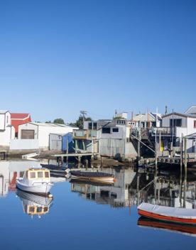 The Petone boat ramp, Hikoikoi,  with colourful boat sheds and boats in the morning sun.