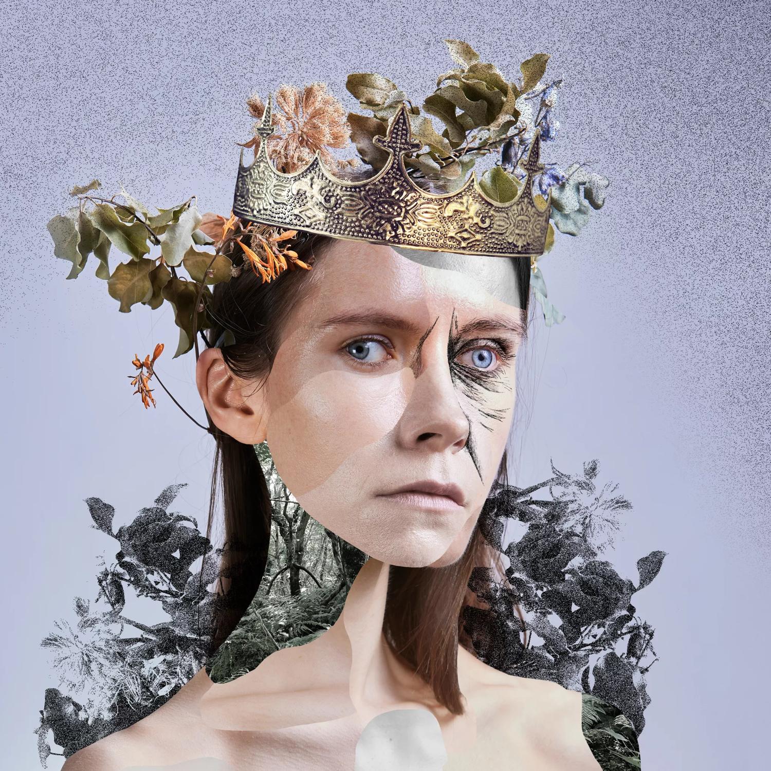 A collage of portraits pieced together to create a person with a crown on.
