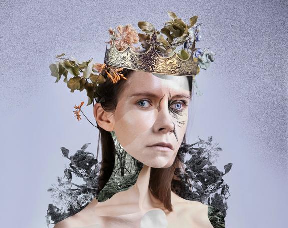 A collage of portraits pieced together to create a person with a crown on.