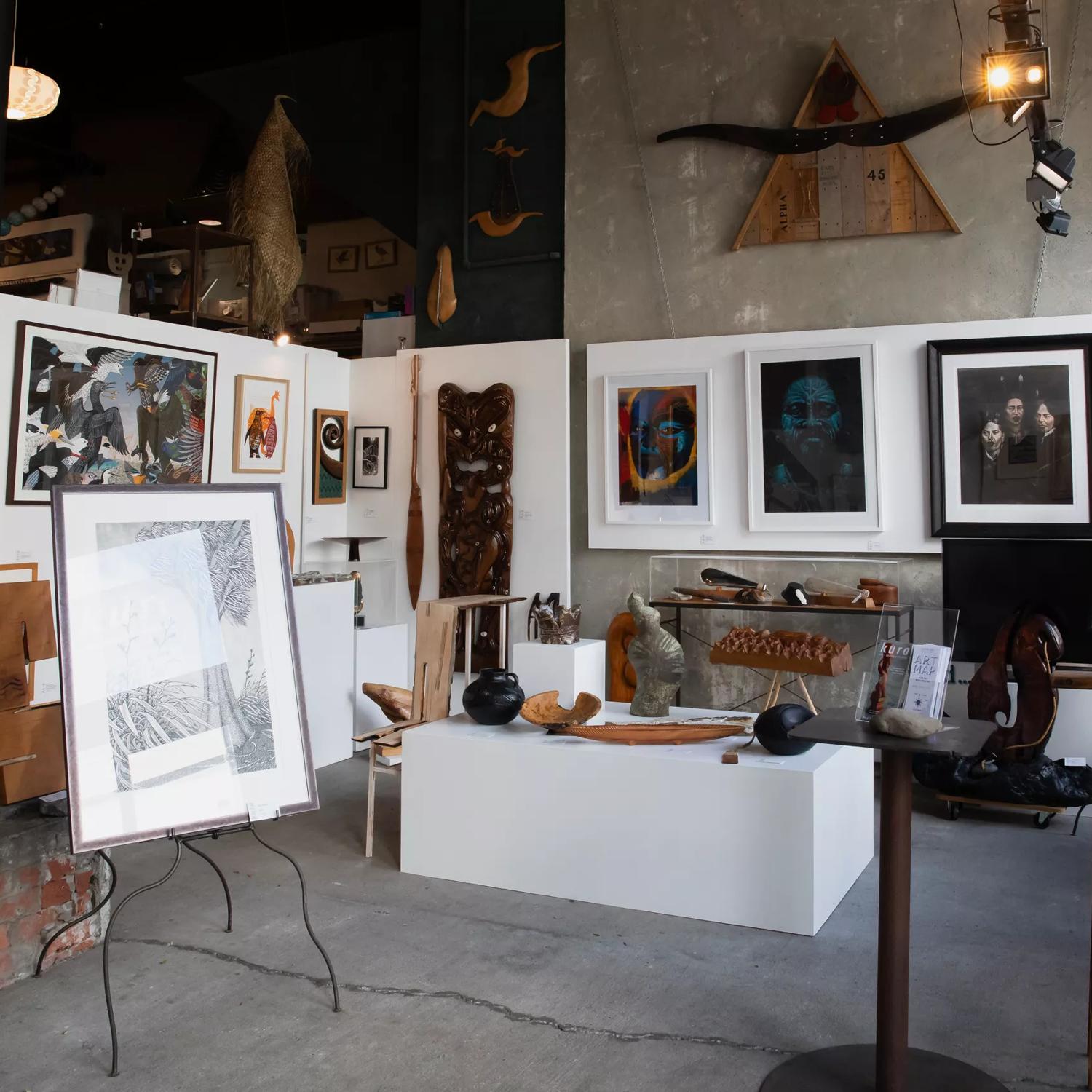 The interior of Kura Gallery, a gallery that exhibits Māori art, located in Te Aro, Wellington. 