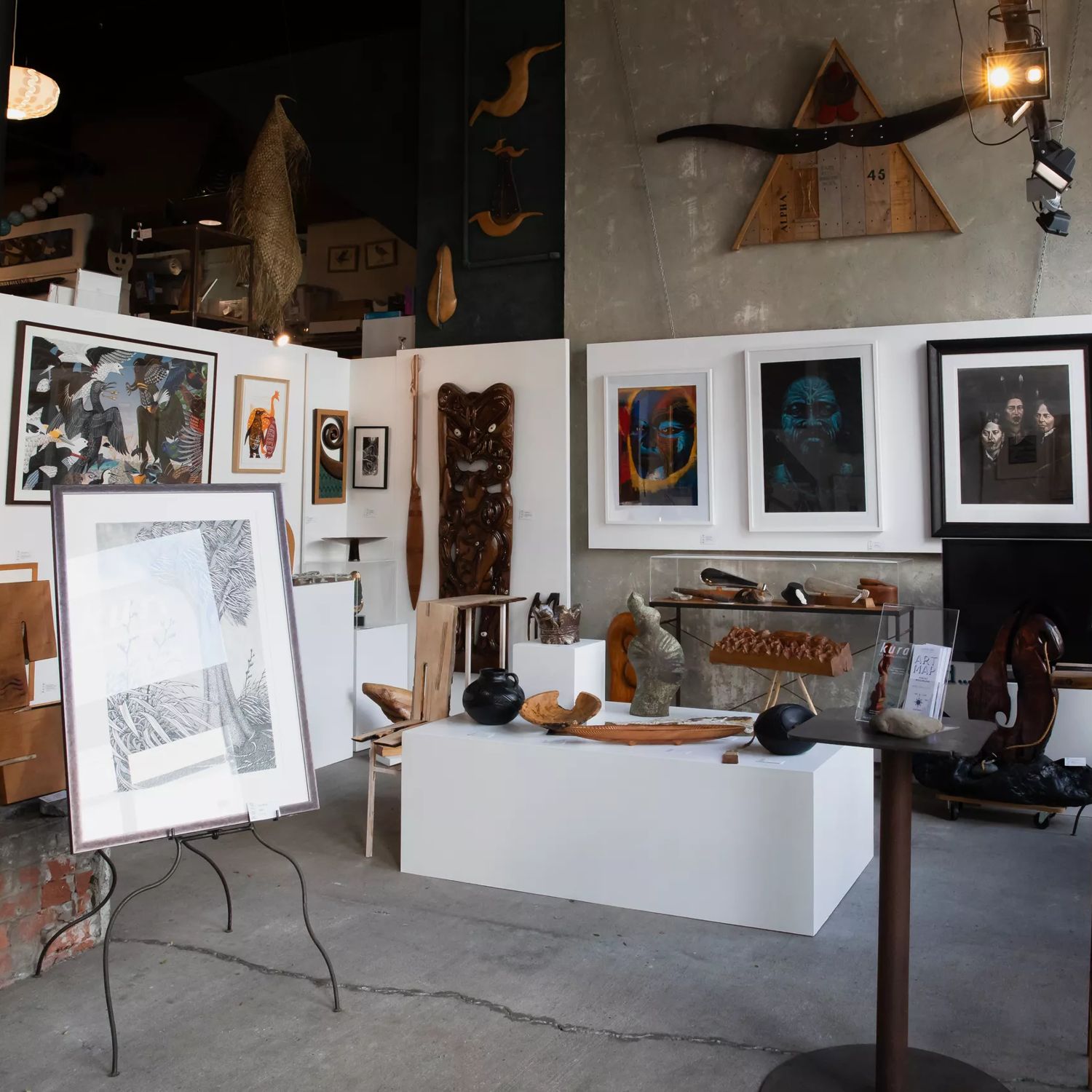 The interior of Kura Gallery, a gallery that exhibits Māori art, located in Te Aro, Wellington.