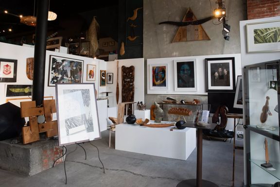 The interior of Kura Gallery, a gallery that exhibits Māori art, located in Te Aro, Wellington.