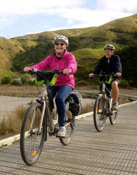 Two people riding bikes on Te Ara Piko Walkway. The trail features stretches of boardwalk and bridges, with amazing views of the harbour. 