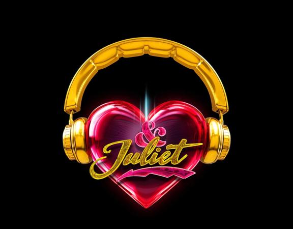 The & Juliet musical campaign imagery is a shiny red heart wearing golden headphones.