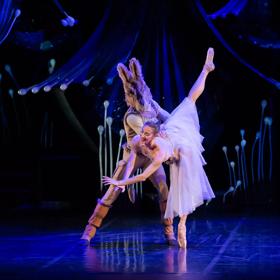 Two Royal New Zealand Ballet dancers onstage and in costume. One is in a white flowing dress and the other wears a large rabbit headdress. Behind them the set includes fantastical flowers all in dark blues and purples.