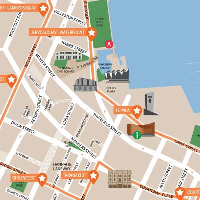 Map of Wellington city showing a bus route marked in an orange line.