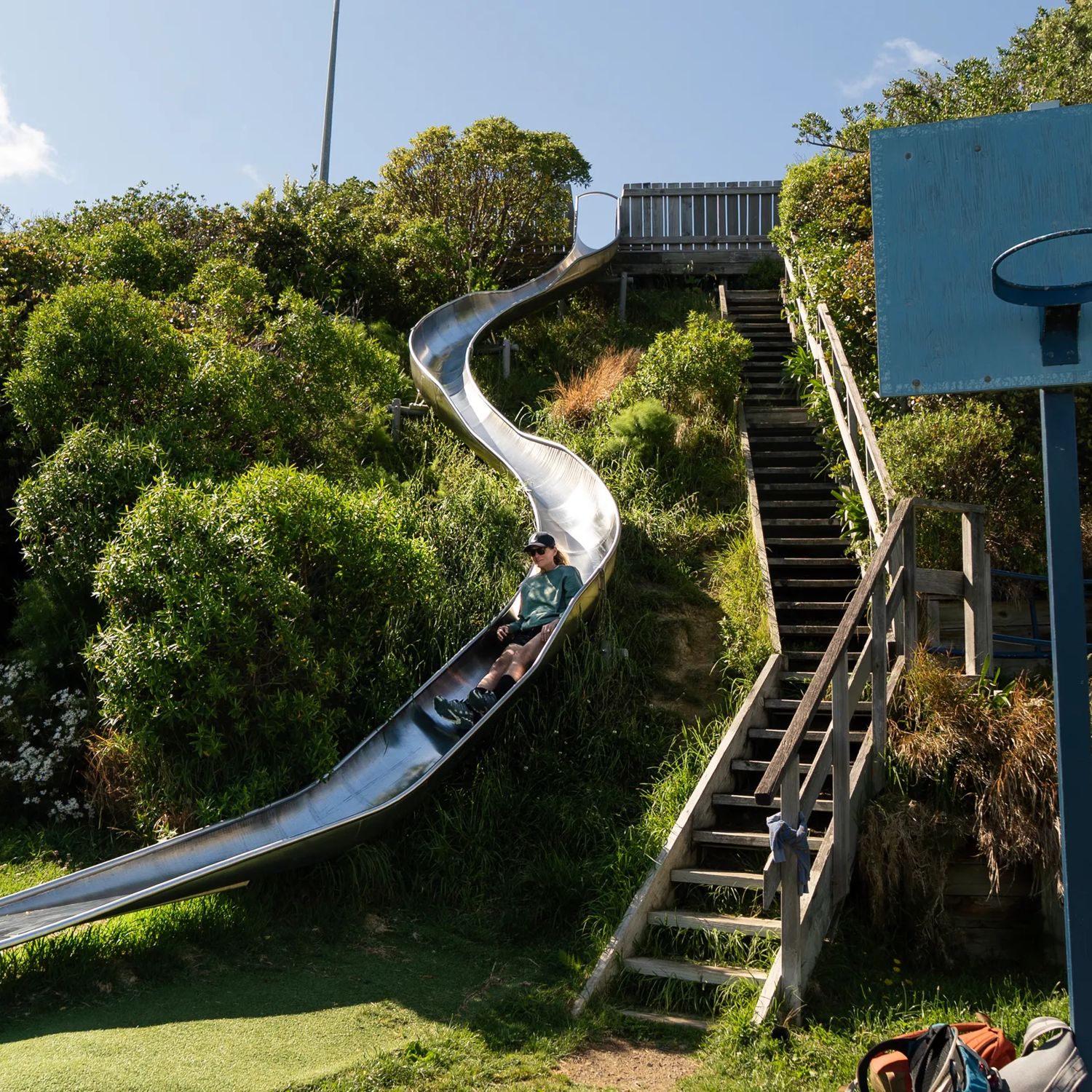 Person going down the slide at Roseneath Park.
