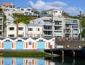 The iconic Wellington boatsheds sit reflected in the water, with houses and apartments on the hill behind them.