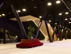 The screen location of Tākina, the large convention centre with unique designs and large open industrial feeling spaces.