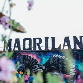 A mural of a tui painted with a MAORILAND sign at Maoriland Film Festival.