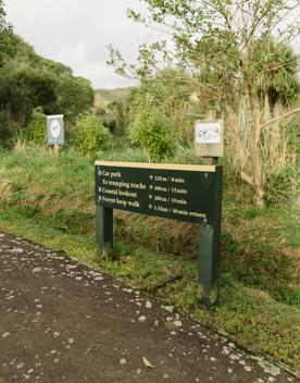 A section of the Coastal Lookout Walk in Whareroa Farm on the Kāpiti Coast. The grassy hills give a view out to Kapiti Island.