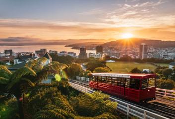 Wide of the cable car driving up the tracks with the sun setting over Wellington city and harbour in the background.