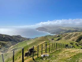 At the top of Mākara Walkway looking towards the Kāpiti Coast. Rolling green hills make up the coastline. Windmills and Kapit Island can be seen in the distance.