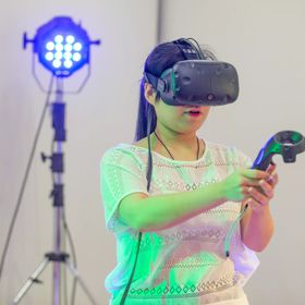 A person using virtual reality equipment in a studio at Victoria University in Wellington.