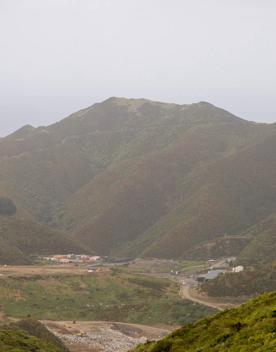 The Brooklyn Wind Turbine sits on a hill above Wellington, with views of the city. Bush and trees surround the area.