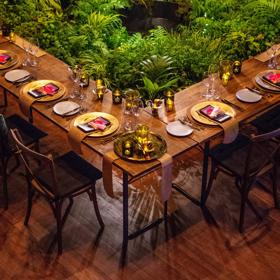 Tables set up inside Michael Fowler Centre surrounded by ferns and wooden floors.
