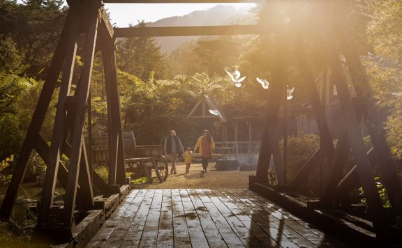 A family with a young child walk along the path with a piglet in front of them at Staglands.