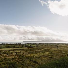 The view from the top of Mataihuka Walkway on Kāpiti Coast overlooking Raumati, Queen Elizabeth Park, and Kapiti Island.