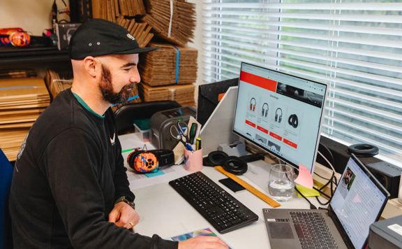 Mufftech Chief Executive Simon Stone at work on a computer.