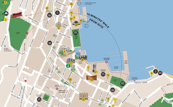 Illustrated city map of Wellington city centre.