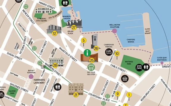 Illustrated city map of Wellington city centre.