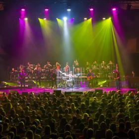 Approximately 20 musicians perform on stage under fuchsia and yellow spotlights to a packed audience.