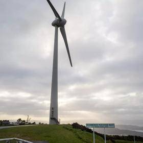 The Brooklyn Wind Turbine sits on a hill above Wellington, with views of the city. Bush and trees surround the area.