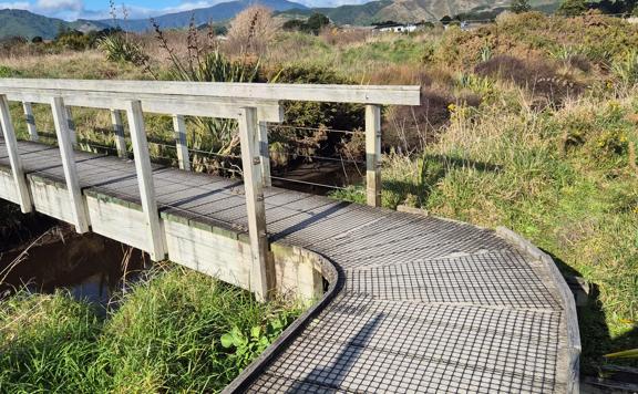 Bridge crossing with mesh covering on the Waikanae Estuary Trail.