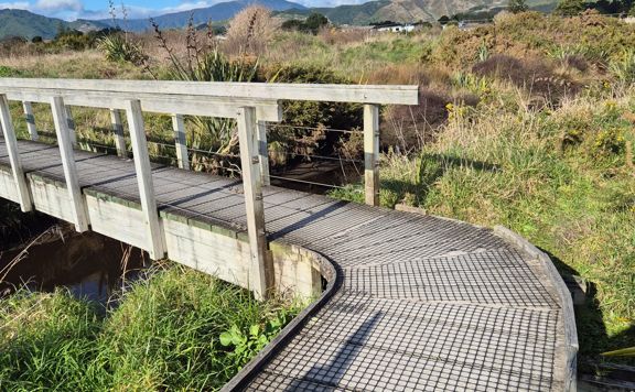 Bridge crossing with mesh covering on the Waikanae Estuary Trail.