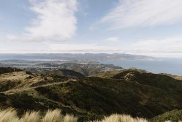 The view of mountain ranges and the Cook Straight from Tip Trak at Te Kopahou Reserve.