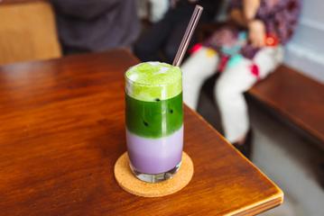 An iced pink matcha drink from Pour & Twist.